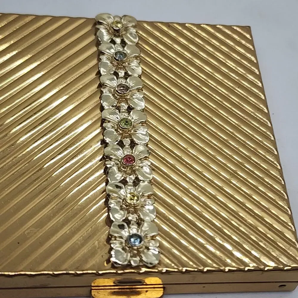 Vintage Volupte Powder Compact Gold Tone Floral Rhinestone Mirror Vanity USA
